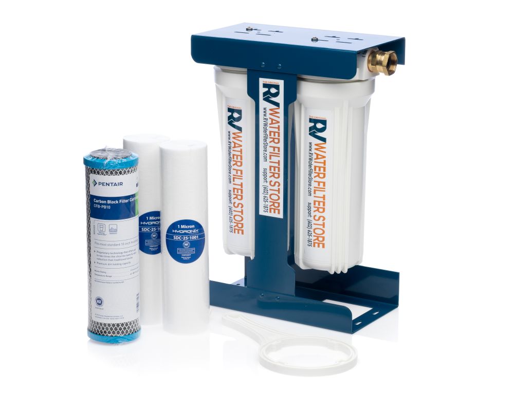 Essential RV Water Filter System with Blue Cage and Hose Fittings