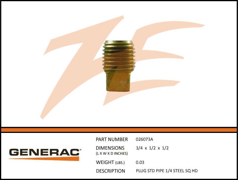 Generac 026073A PLUG STD Pipe 1/4 STEEL SQ HD