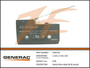 Generac 074672A SWITCH MICRO DPDT SEL & AUX2PL Dropshipped from Manufacturer