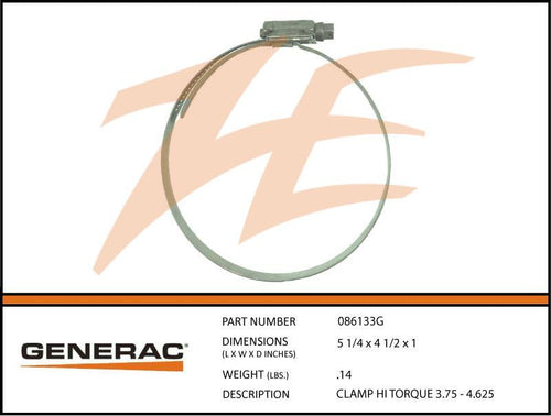 Generac 086133G Clamp HI TORQUE 3.75 - 4.625 Product is OBSOLETE Dropshipped from Manufacturer