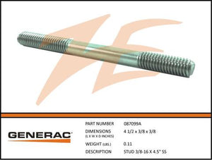 Generac 087099A STUD 3/8-16 X 4.5 SS Dropshipped from Manufacturer
