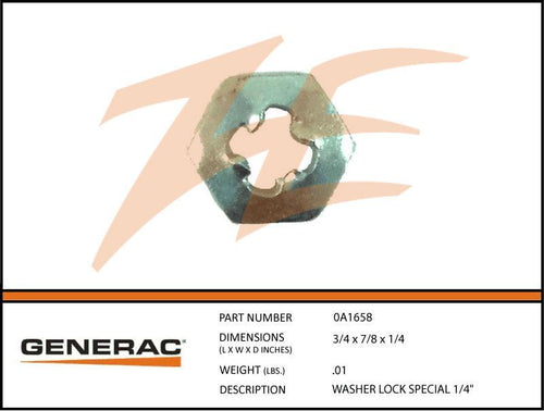 Generac 0A1658 WASHER LOCK SPECIAL 1/4 Dropshipped from Manufacturer