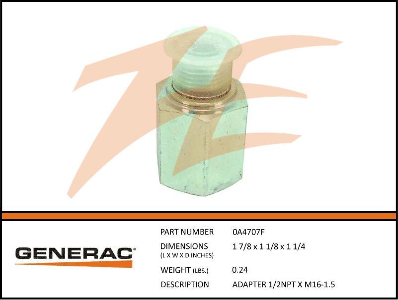 Generac 0A4707F Adapter 1/2NPT X M16-1.5 Product is OBSOLETE Dropshipped from Manufacturer