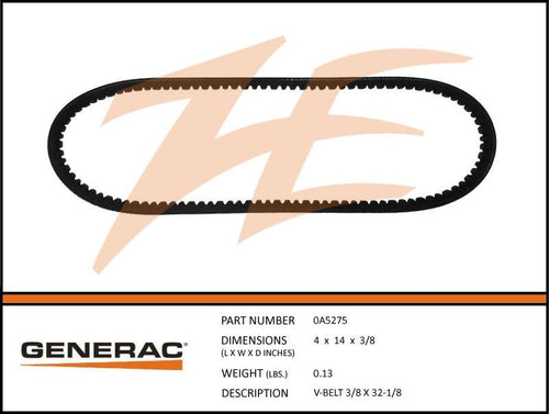 Generac 0A5275 V-BELT 3/8 X 32-1/8 Product is OBSOLETE Dropshipped from Manufacturer