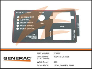 Generac 0C1227 DECAL, CONTROL Panel Dropshipped from Manufacturer