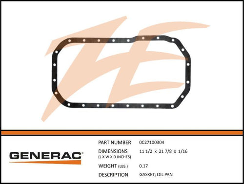 Generac 0C27100304 Gasket; Oil PAN Product is OBSOLETE Dropshipped from Manufacturer