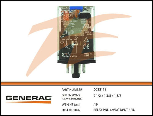 Generac 0C3211E Relay 12VDC DPDT 8 Pin Dropshipped from Manufacturer