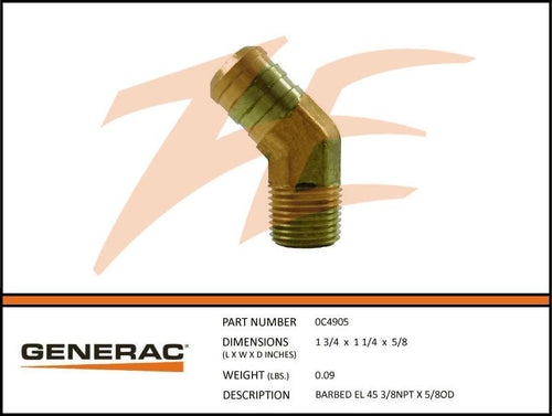 Generac 0C4905 BARBED EL 45 3/8NPT X 5/8OD Product is OBSOLETE Dropshipped from Manufacturer