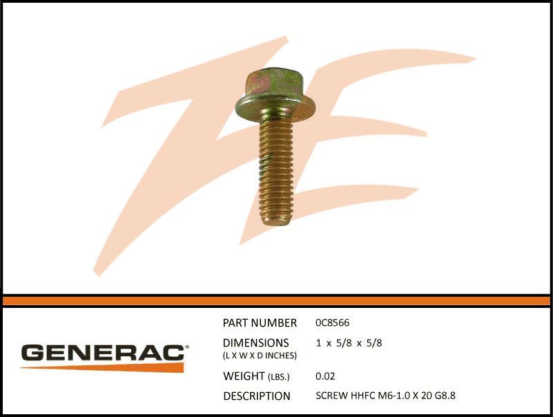 Generac 0C8566 SCREW HHFC M6-1.0 X 20 G8.8 Dropshipped from Manufacturer