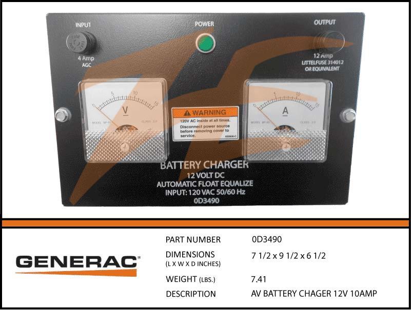 Generac 0D3490  Assembly  BATTERY CHARGER 12V 10AMP Product is Dropshipped from Manufacturer