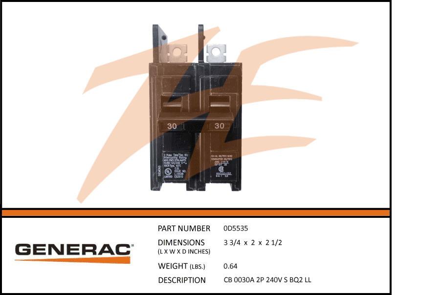 Generac 0D5535 2 Pole 240V 30A Circuit Breaker Product is OBSOLETE Dropshipped from Manufacturer