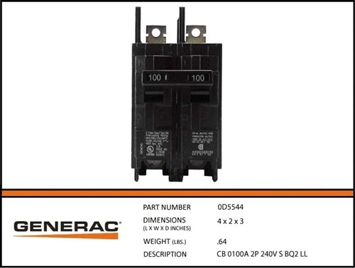 Generac 0D5544 2 Pole 240V 100A Circuit Breaker Product is OBSOLETE Dropshipped from Manufacturer