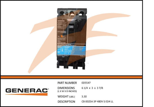 Generac 0D5547 25A 480V Circuit Breaker 3 Phase Product is OBSOLETE Dropshipped from Manufacturer