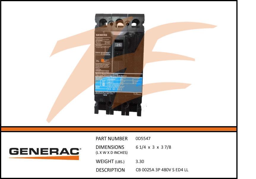 Generac 0D5547 25A 480V Circuit Breaker 3 Phase Product is OBSOLETE Dropshipped from Manufacturer