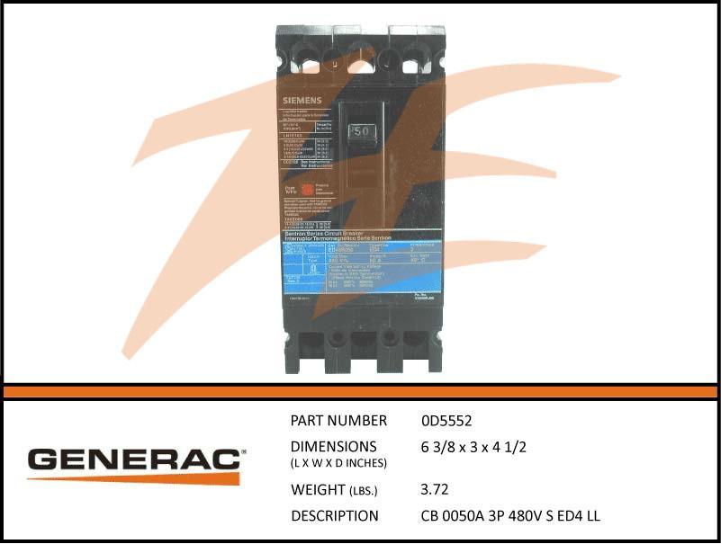 Generac 0D5552 50A 480V Circuit Breaker 3 Phase Product is OBSOLETE Dropshipped from Manufacturer