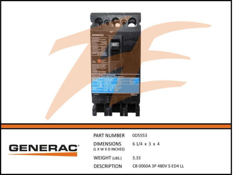Generac 0D5553 60A 480V Circuit Breaker 3 Phase Product is OBSOLETE Dropshipped from Manufacturer