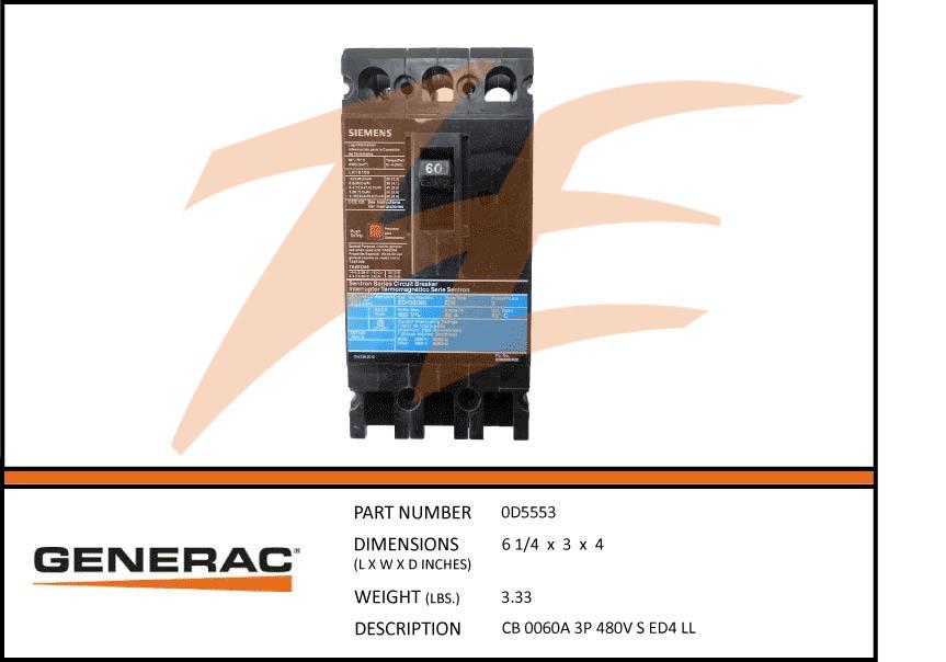 Generac 0D5553 60A 480V Circuit Breaker 3 Phase Product is OBSOLETE Dropshipped from Manufacturer
