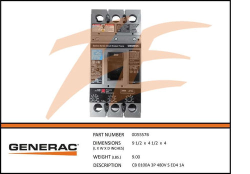 Generac 0D5557B 100A 480V Circuit Breaker 3 Phase Product is OBSOLETE Dropshipped from Manufacturer