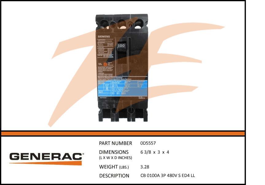 Generac 0D5557 100A 480V Circuit Breaker 3 Phase Product is OBSOLETE Dropshipped from Manufacturer