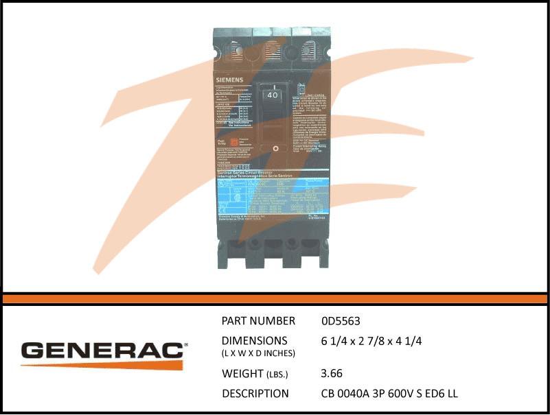 Generac 0D5563 40A 600V Circuit Breaker 3 Phase Product is OBSOLETE Dropshipped from Manufacturer
