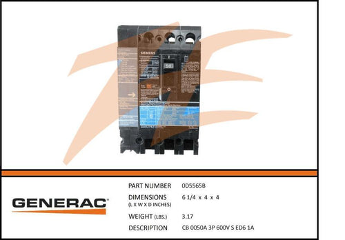 Generac 0D5565B 50A 600V Circuit Breaker 3 Phase Product is OBSOLETE Dropshipped from Manufacturer