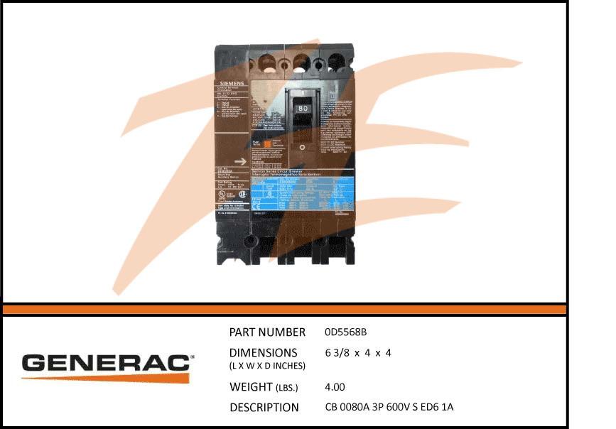 Generac 0D5568B 80A 600V Circuit Breaker 3 Phase Product is OBSOLETE Dropshipped from Manufacturer