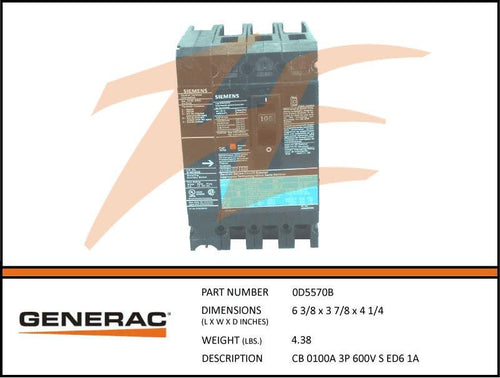Generac 0D5570B 100A 600V Circuit Breaker 3 Phase Product is OBSOLETE Dropshipped from Manufacturer