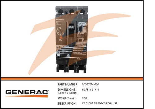 Generac 0D5570MM00 100A 600V Circuit Breaker 3 Phase Product is OBSOLETE Dropshipped from Manufacturer
