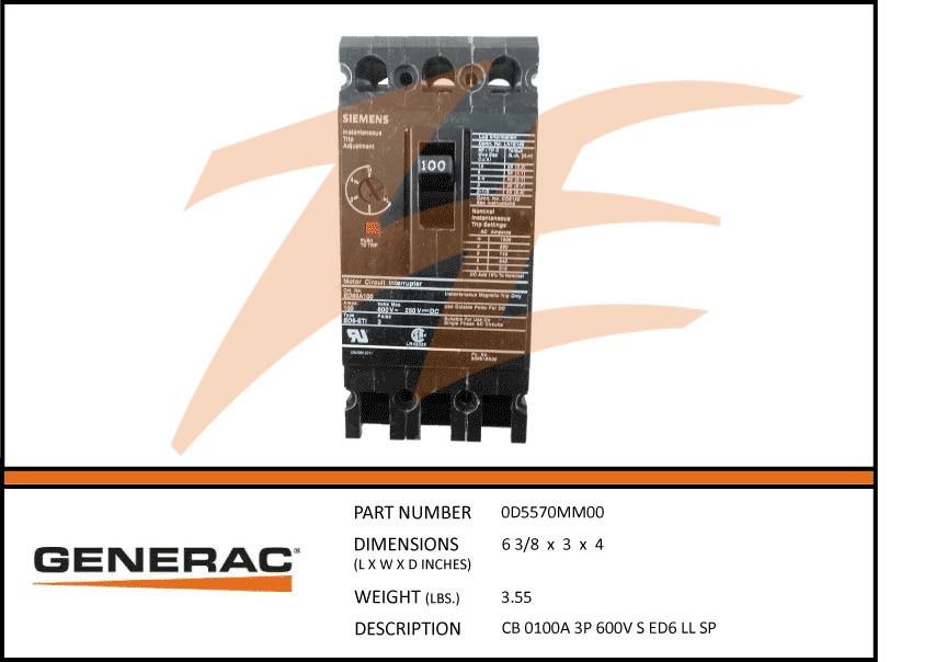 Generac 0D5570MM00 100A 600V Circuit Breaker 3 Phase Product is OBSOLETE Dropshipped from Manufacturer