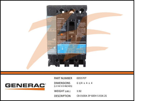 Generac 0D5570T 100A 600V Circuit Breaker 3 Phase Product is OBSOLETE Dropshipped from Manufacturer