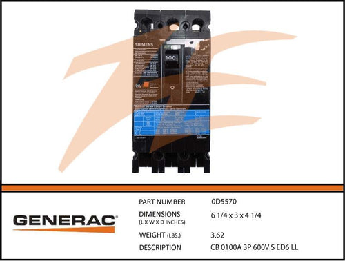 Generac 0D5570 100A 600V Circuit Breaker 3 Phase Product is OBSOLETE Dropshipped from Manufacturer