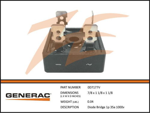 Generac 0D7177V DIODE BRIDGE 1P 35A 1000V Product is OBSOLETE Dropshipped from Manufacturer