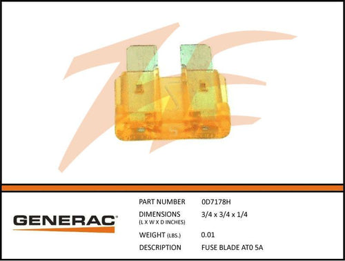 Generac 0D7178H Fuse BLADE AT0 5A Dropshipped from Manufacturer OBSOLETE