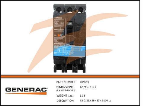 Generac 0D9693 Circuit Breaker 125A 480V 3 Phase Product is OBSOLETE Dropshipped from Manufacturer
