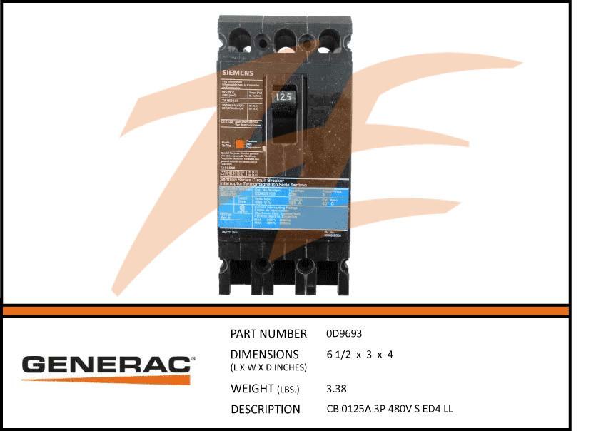 Generac 0D9693 Circuit Breaker 125A 480V 3 Phase Product is OBSOLETE Dropshipped from Manufacturer