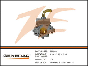 Generac 0E1217A  Carburetor  , GT-760, NIKKI D/F Dropshipped from Manufacturer