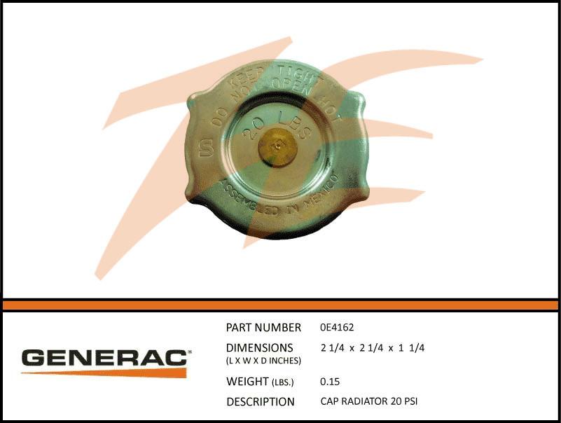 Generac 0E4162 CAP RADIATOR 20 PSI Dropshipped from Manufacturer