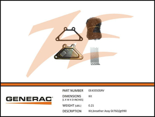 Generac 0E43550SRV KIT, Breather  Assembly  GT760/GT990 Product is OBSOLETE Dropshipped from Manufacturer OBSOLETE