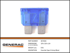 Generac 0E7403C Fuse ATO TYPE 15 AMP (BLUE) Dropshipped from Manufacturer