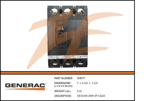 Generac 0E8077 Circuit Breaker 110A 3 Pole 240V Product is OBSOLETE Dropshipped from Manufacturer OBSOLETE