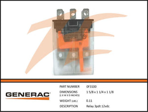 Generac 0F3100 RELAY 3PDT 12VDC Dropshipped from Manufacturer