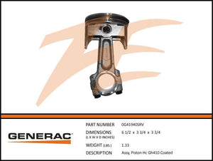 Generac 0G41940SRV Assembly  PISTON HC GH410 COATED Dropshipped from Manufacturer