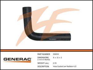 Generac 0G6931 Radiator Lower Coolant Hose 4.2L Dropshipped from Manufacturer