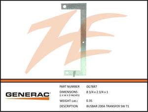 Generac 0G7847 BUSBAR 200A TRANSFER SW T1 Dropshipped from Manufacturer