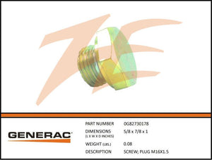 Generac 0G82730178 Screw Plug M16X1.5 Dropshipped from Manufacturer OBSOLETE