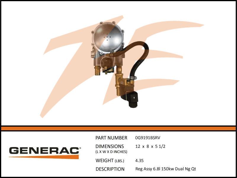Generac 0G9191BSRV Fuel Regulator Assembly 6.8L 150kW NG Dual Dropshipped from Manufacturer