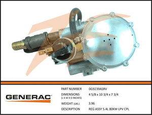Generac 0G9239ASRV Fuel Regulator Assembly 5.4L 80kW LP Dropshipped from Manufacturer