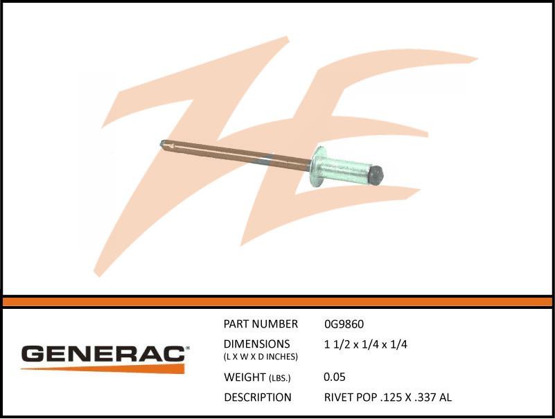Generac 0G9860 Pop Rivet .125 X .337 Aluminum Dropshipped from Manufacturer