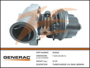 Generac 0G9936 Turbocharger 2.4L 36kW 1800RPM Dropshipped from Manufacturer