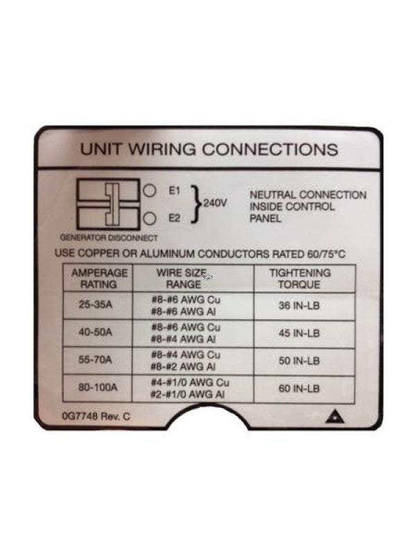 Generac 0G7748 DECAL UNIT WIRING CONNECTIONS Dropshipped from Manufact ...